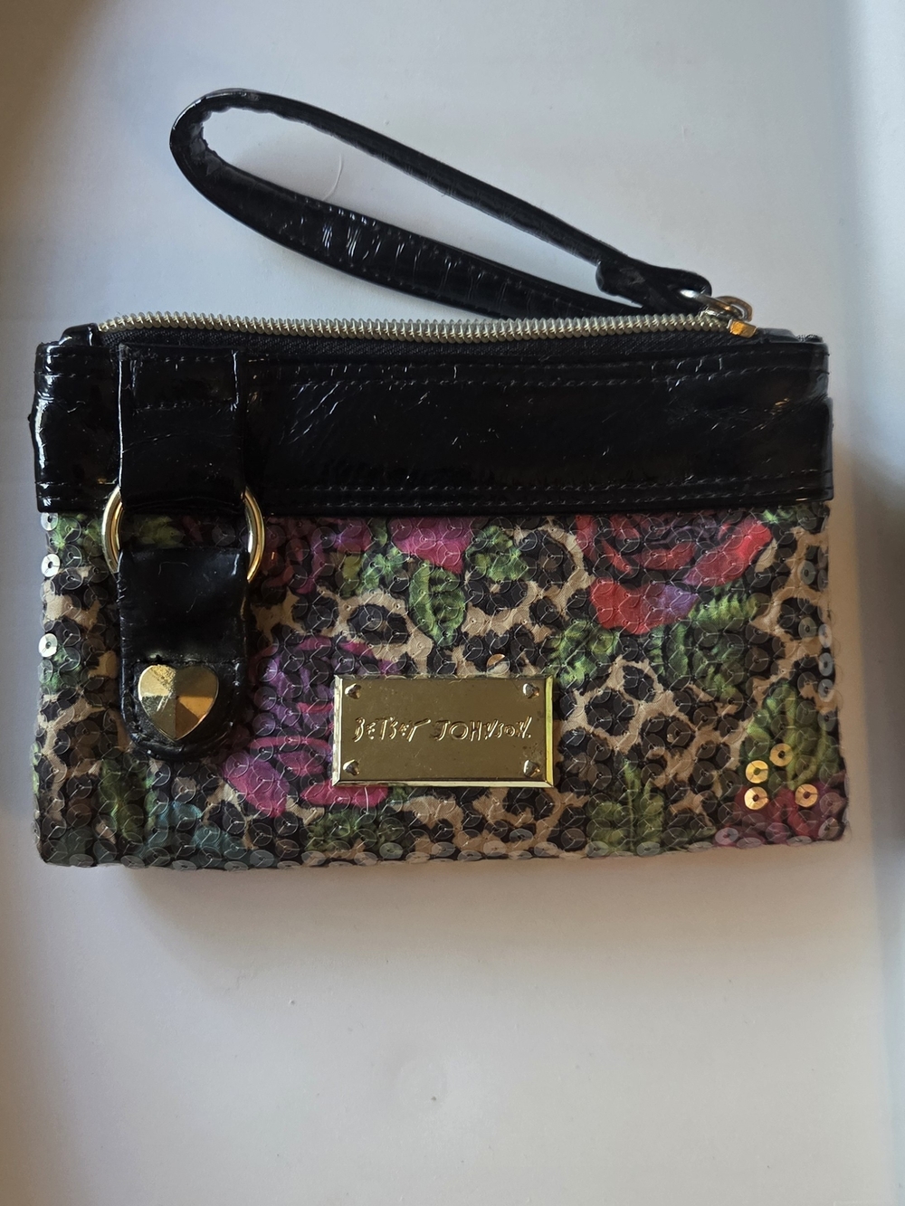 Betsey Johnson Black Floral Sequin Wristlet Clutch